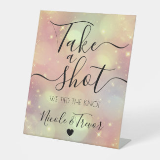 Peach Sparkle Bokeh Custom Take a Shot Wedding Pedestal Sign