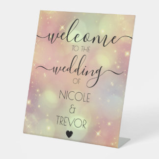 Peach Sparkle Calligraphy Custom Wedding Welcome Pedestal Sign