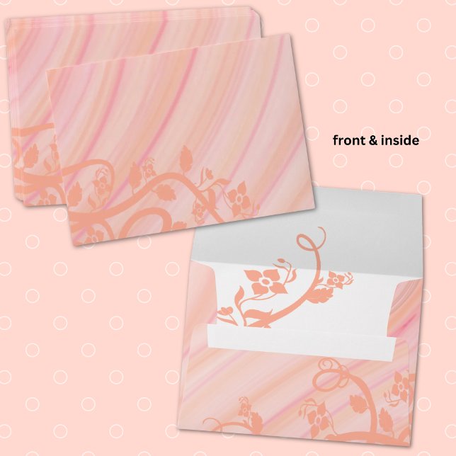 Peach Spirals and Flowers Special Event Mailing Envelopes (Pink & peach spiral background with vine and leaf art inside and outside envelope)