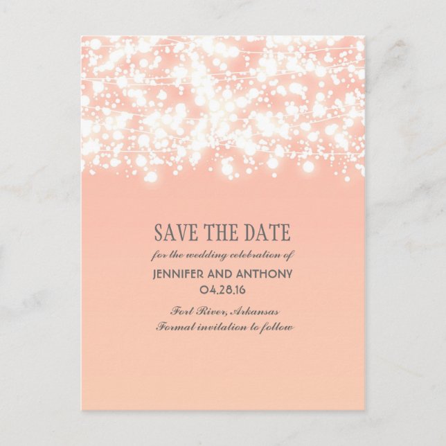 peach string lights elegant save the date announcement postcard (Front)