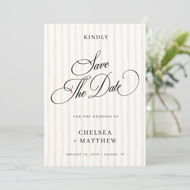 Peach Stripe Classic Script & Photo Wedding Save The Date (Standing Front)