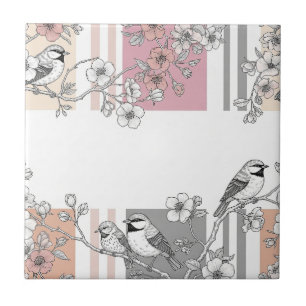 Peach Stripe Floral Bird Elegant (10) Tile