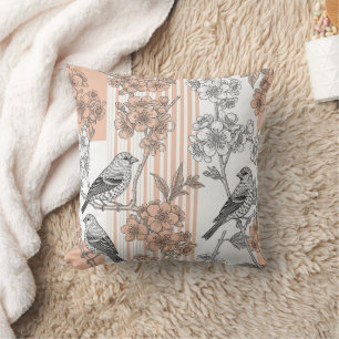 Peach Stripe Floral Bird Elegant (1) Cushion