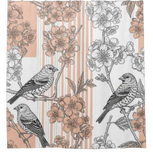 Peach Stripe Floral Bird Elegant (1) Shower Curtain