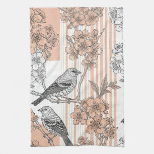 Peach Stripe Floral Bird Elegant (1) Tea Towel