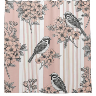Peach Stripe Floral Bird Elegant (2) Shower Curtain