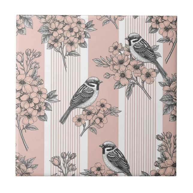 Peach Stripe Floral Bird Elegant (2) Tile (Front)