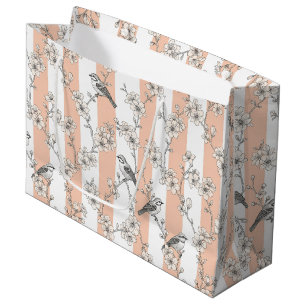 Peach Stripe Floral Bird Elegant (5) Large Gift Bag