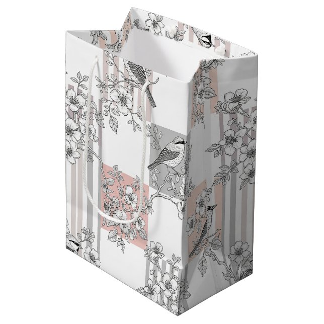 Peach Stripe Floral Bird Elegant (6) Medium Gift Bag (Front Angled)