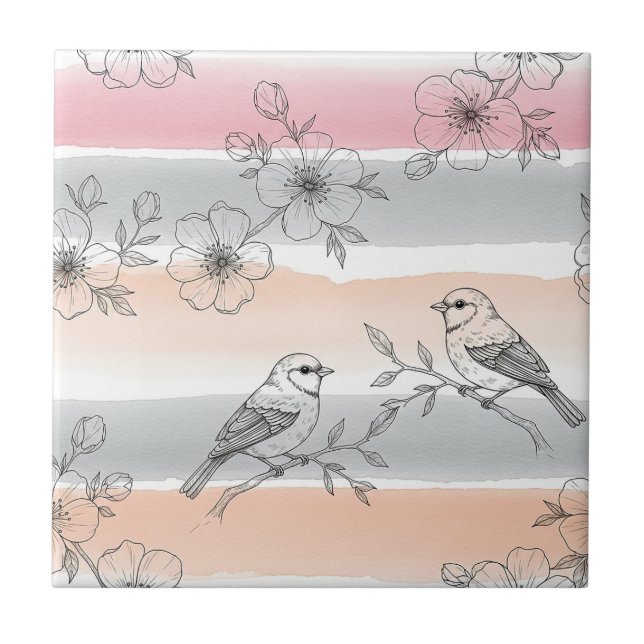 Peach Stripe Floral Bird Elegant (6) Tile (Front)