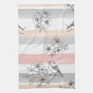 Peach Stripe Floral Bird Elegant (7) Tea Towel