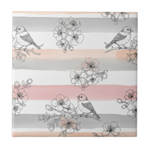 Peach Stripe Floral Bird Elegant (7) Tile