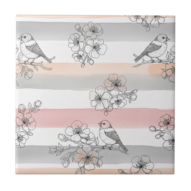 Peach Stripe Floral Bird Elegant (7) Tile (Front)