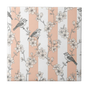 Peach Stripe Floral Bird Elegant (8) Tile