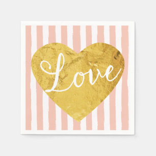 Peach Stripes Fake Gold Love Heart Cute Girly Napkin