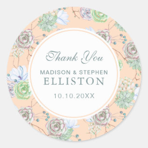 Peach Succulents Floral Watercolor Thank You Classic Round Sticker