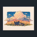 Peach Sunset Cloud Sleeping Black Cat Postcard<br><div class="desc">Bring a touch of magic to someone's mailbox with this charming black cat postcard. This serene illustration depicts a tiny black kitten curled up in a vibrant meadow of orange and white wildflower, resting under towering, fluffy peach clouds. The warm sunset glow, twinkling stars, and soft, painterly textures create a...</div>