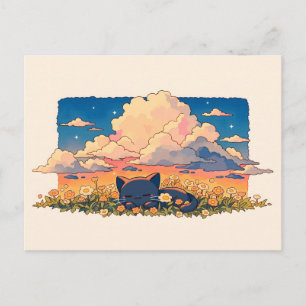 Peach Sunset Cloud Sleeping Black Cat Postcard
