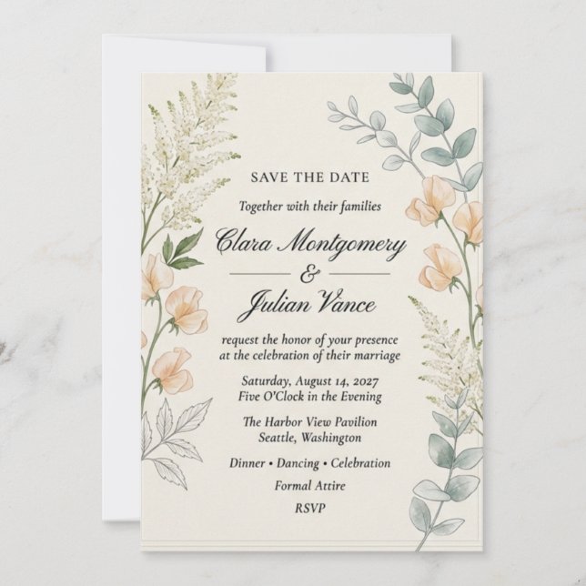 Peach Sweet Pea, Astilbe, and Eucalyptus Invitation (Front)