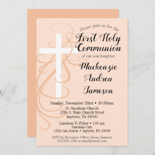 Peach Swirl Cross First Holy Communion Invitation