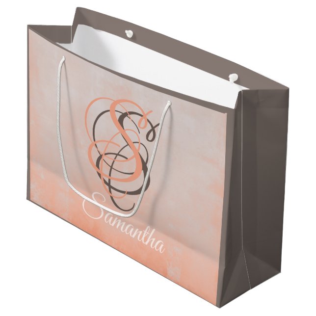Peach Taupe Grey stylish rustic Personalised Large Gift Bag (Front Angled)