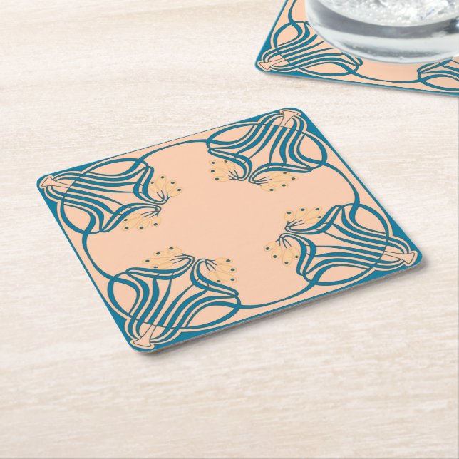 Peach Teal Art Nouveau Square Paper Coaster (Angled)