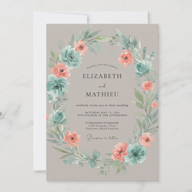 Peach Teal Floral Botanical Wedding Invitation (Front)