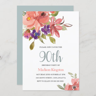 Peach & Teal Flowers 90th Birthday Party Invite