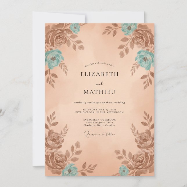 Peach Teal Painterly Vintage Wedding Invitation (Front)