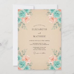 Peach Teal Romantic Bloom Wedding Invitation