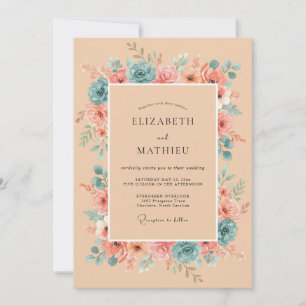 Peach Teal Romantic Botanical Wedding Invitation