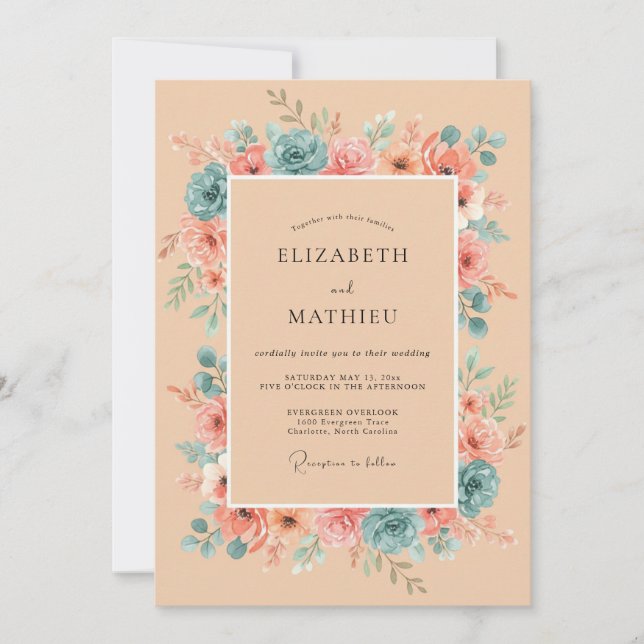 Peach Teal Romantic Botanical Wedding Invitation (Front)
