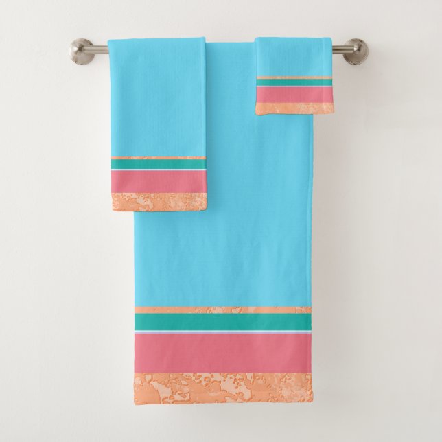 Peach Texture with Coral and Teal Stripes Bath Towel Set (Insitu)