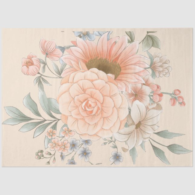 Peach Tone Watercolor Garden Flowers Decoupage Tissue Paper (Front)