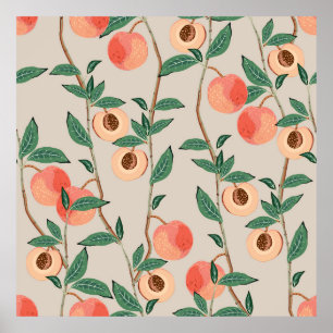 Peach tree branches with leaves and fruits on a li poster
