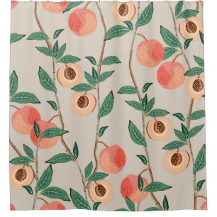 Peach tree branches with leaves and fruits on a li shower curtain