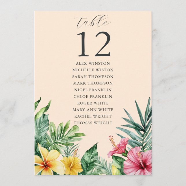 Peach Tropical Floral Table Number Seating Chart (Front)