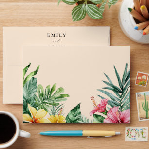 Peach Tropical Floral Wedding Return Address Envelope