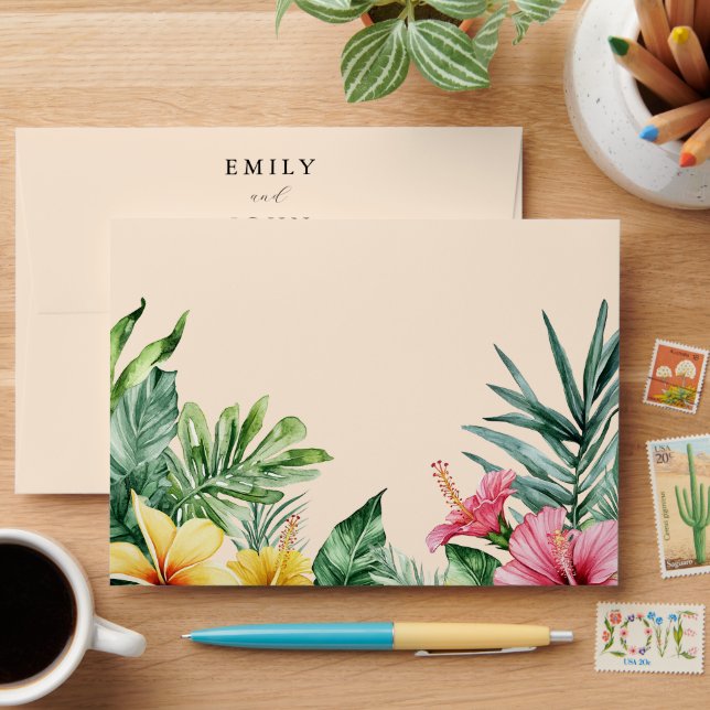 Peach Tropical Floral Wedding Return Address Envelope (Desk)