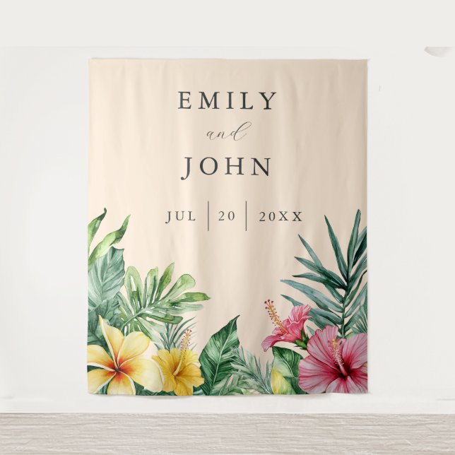 Peach Tropical Flowers Wedding Photo Backdrop Tapestry (Front)