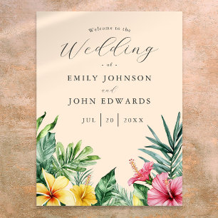 Peach Tropical Flowers Wedding Welcome Sign