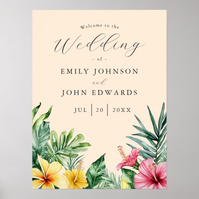 Peach Tropical Flowers Wedding Welcome Sign (Front)