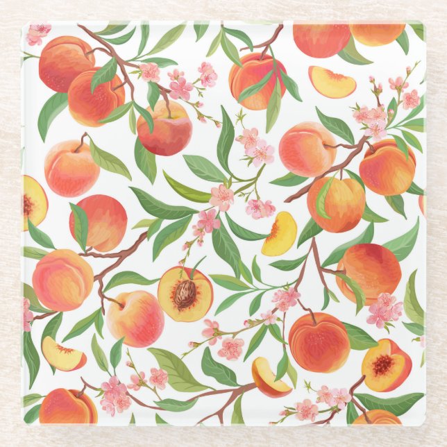 Peach Tropical Fruit Vintage Pattern. Glass Coaster (Front)