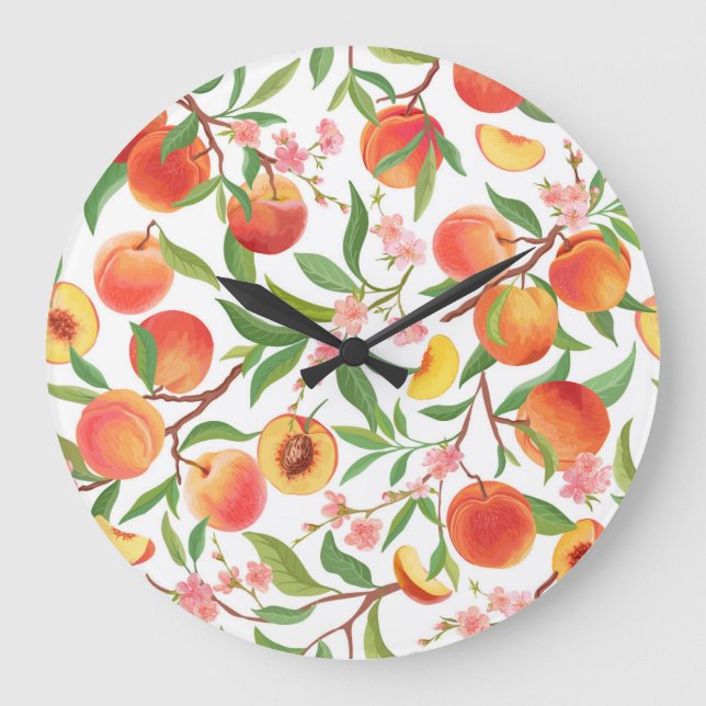 Peach Tropical Fruit Vintage Pattern. Large Clock (Front)