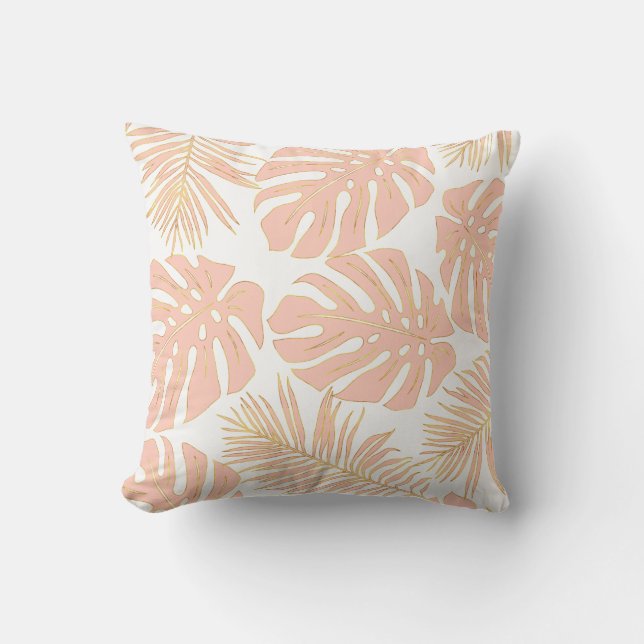 Peach tropical monstera leaves pattern cushion (Front)