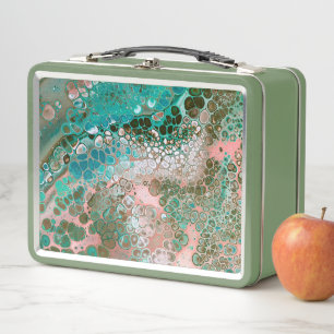 Peach & Turquoise Acrylic Pour Abstract Metal Lunch Box