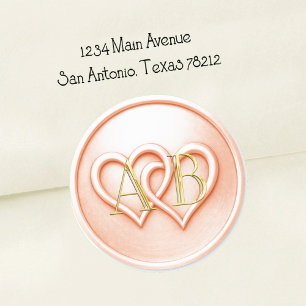 Peach Two Hearts Intertwined Monogram Wedding Classic Round Sticker