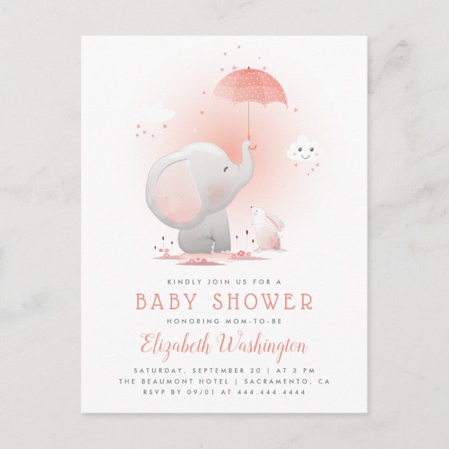 Peach Umbrella Elephant & Bunny Girl Baby Shower Invitation Postcard (Front)