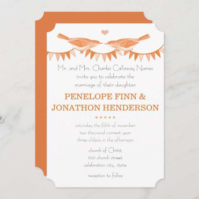 Peach Vintage Bird Bunting Wedding Invitations (Front/Back)