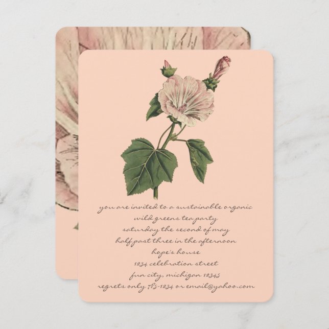 Peach Vintage Boho Botanical Rose Flower Dinner  Invitation (Front/Back)